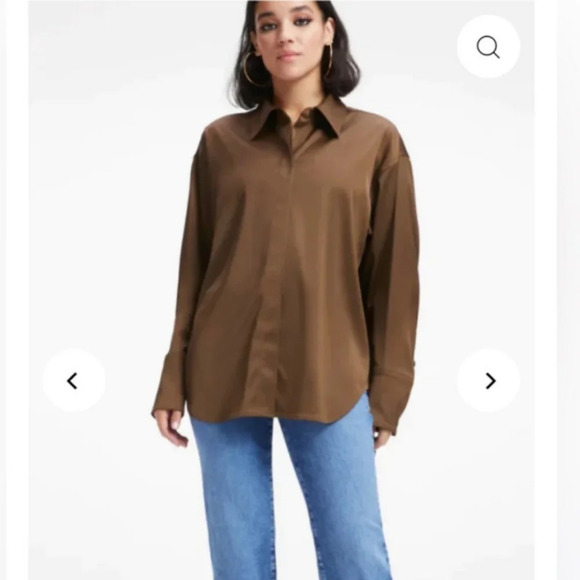 Good American Tops - Good American Satin Long Sleeve Button Down Top in Mocha Brown Plus Size 2XL